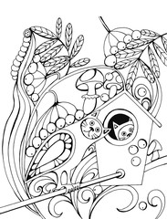графический рисунок, птицы и коты на дереве со скворечником, стилизованные растения и животные, арт-терапия