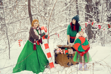  эльфы семьей в новогоднем снежной лесу © irinashamanaeva