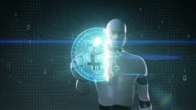 Robot, cyborg touching digital data,  Digits signal making Bitcoin sign. 3D hologram.1.