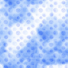 Seamless hand drawn watercolor pattern made of round blue dots, isolated over white.