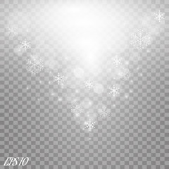 Vector falling snow effect isolated on transparent background with blurred bokeh.