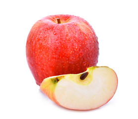 whole and slice of fresh gala red apple with drop of water  isloated on white background