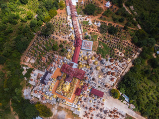 Aerial shot on the various types of stupas, built in Indein Village on the Inle Lake, Myanmar