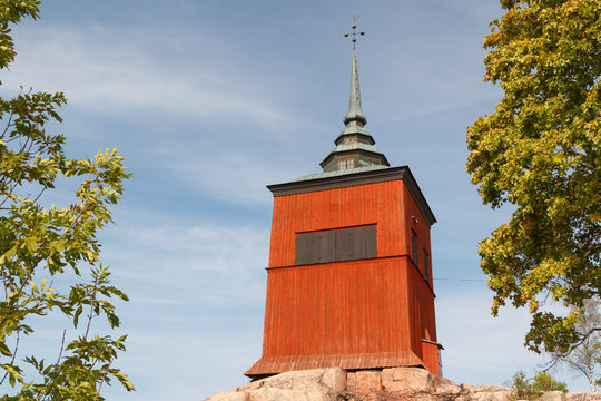 Vastra clock tower in the historic centre of Nykoping, Sweden
