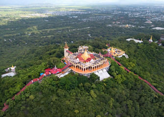 Aerial view from the drone on the Mandalay Hill Temple.Hill that is located to the northeast of the...