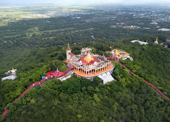 Aerial view from the drone on the Mandalay Hill Temple.Hill that is located to the northeast of the city centre of Mandalay in Burma