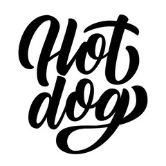 Obraz premium Hot dog hand lettering, brush ink calligraphy isolated on white background. Type vector illustration.