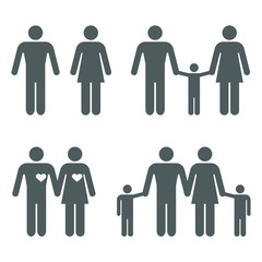 Icons set of man, woman, family and children on white background