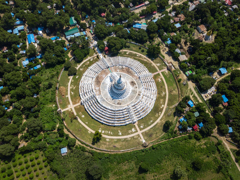 The Hsinbyume white pagoda, Mingun, Myanmar,aerial view from the drone