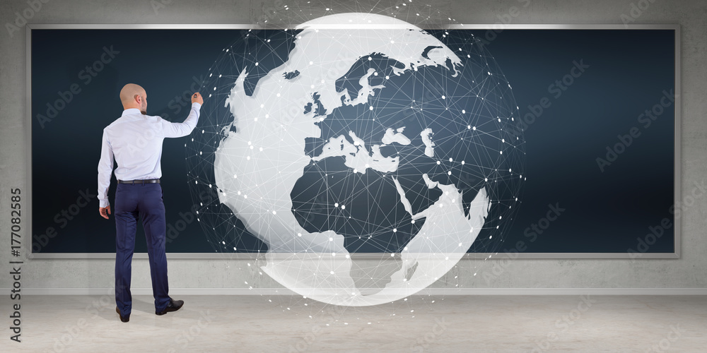 Poster Businessman using digital planet earth interface on a board 3D rendering