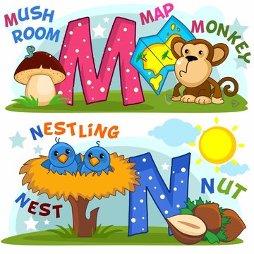 Colored cartoon English alphabet with letters M and N for children, with pictures to these letters with a mushroom, card, monkey, nest, chicks, sun and nut.