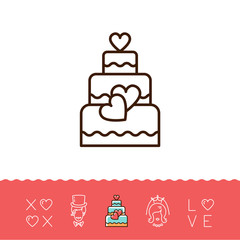 Wedding Cake Icons, Bride and groom, Wedding card, Love text. Line art design, Vector flat illustration