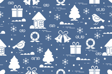 Fototapeta na wymiar Winter seamless pattern with variety Christmas elements: christmas tree, gift, christmas wreath, bells and other.