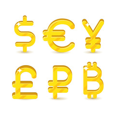 Gold signs world currencies. Set of six icons dollar, euro, yuan, pound, ruble and bitcoin isolated on white background. Global money symbol. Vector illustration