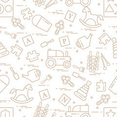 Cute seamless pattern with variety of children's toys: rocking horse, cubes, rattle, pyramid, sorter and other.