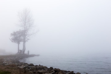 A lake hidden by fog, with rocks in the foreground and a fisherman and trees in the background