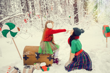  эльфы семьей в новогоднем снежной лесу © irinashamanaeva