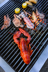 Lobster, crab, squid, prawn on charcoal grill