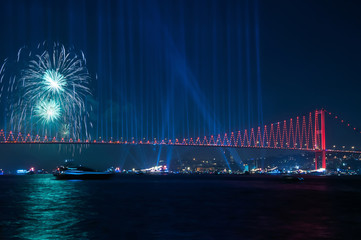 Fireworks over Istanbul Bosphorus during Turkish Republic Day celebrations. 15th July Martyrs Bridge (15 Temmuz Sehitler Koprusu). Istanbul, Turkey..
