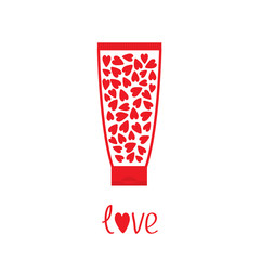 Love card. Tube of cream with hearts inside. Body lotion gel shampoo. Bottle dispenser. Red line art packaging. Valentines day. Isolated. White background. Flat design