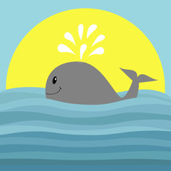 Obraz premium Gray whale with water fountain. Sea ocean wave. Sunset. Cute cartoon character with eyes, tail, fin. Smiling face. Kids baby animal collection. Flat design Blue background Isolated.