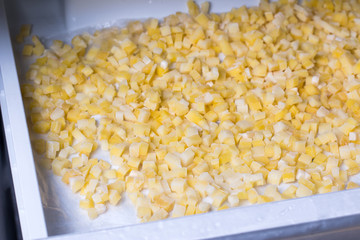 Frozen cubes of vegetables in the freezer