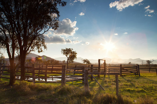 Evening sun over the stables near Lake Maroon, Scenic Rim, Queensland, Australia