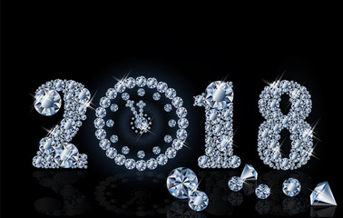 New 2018 year with diamond clock, wallpaper, vector illustration