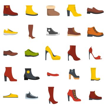 Footwear Shoes Icon Set Isolated, Flat Style