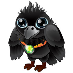 Black Raven with green emerald pendant. Cartoon bird character for animation, childrens illustrations, book and other design needs. Vector isolated on white background