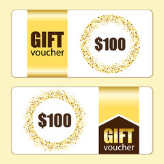 Set of festive luxury gift voucher templates with glamour golden glitter confetti