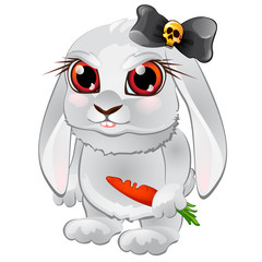 White bunny with red eyes, bitten carrots, and black bow with skull. Funny cartoon pet in the evil character. Vector isolated on white background