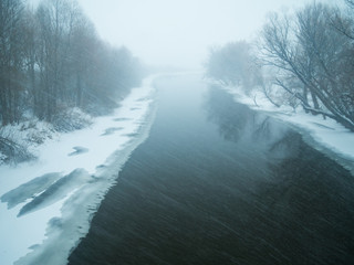 heavy snowfall on the river