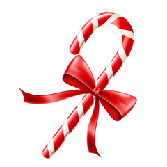 Christmas red and white candy cane with red bow, isolated on white. Realistic vector illustration isolated on white, for Christmas and December holiday season