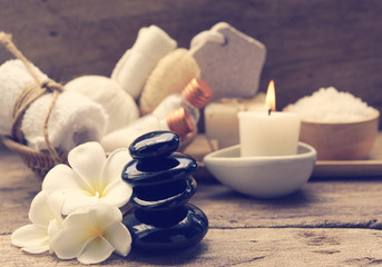 Spa and  aromatherapy products on wooden background,retro effect