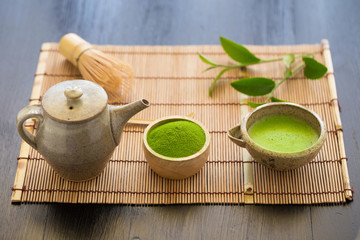 Set of matcha powder bowl wooden spoon and whisk green tea leaf Organic Green Matcha Tea ceremony