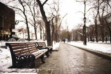 bench in a cold winter park snow
