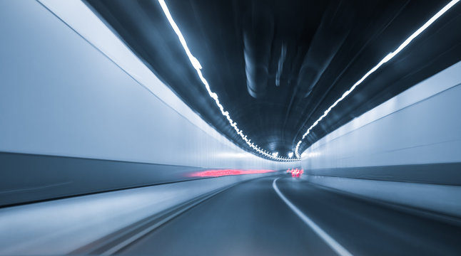 Motion Blur Of Car Moving Inside Tunnel