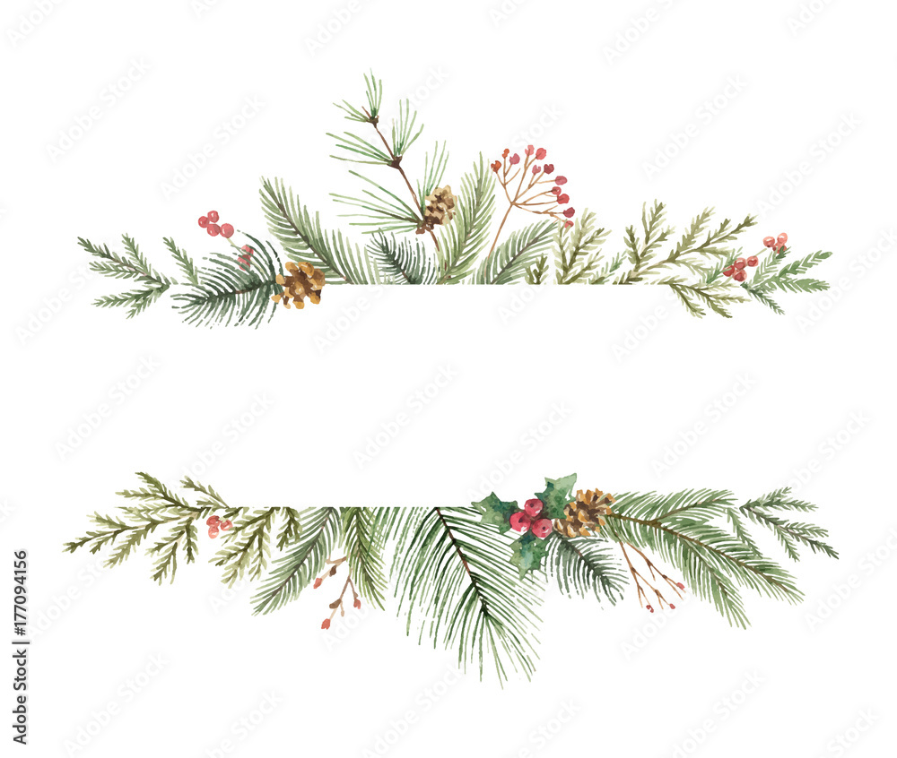 Wall mural watercolor vector christmas banner with fir branches and place for text.