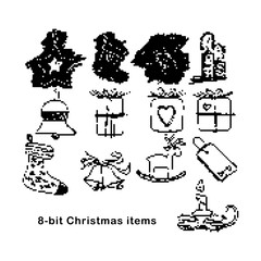 black 8-bit Christmas items vector illustration  isolated on white background
