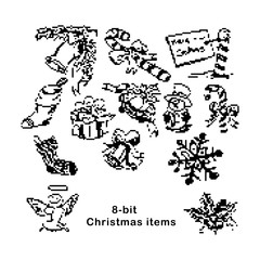 black 8-bit Christmas items vector illustration  isolated on white background