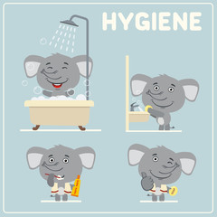Collection of isolated elephant in cartoon style for rules of child hygiene. Set of funny elephant is hygiene: showering, washing hands, brushing her teeth.