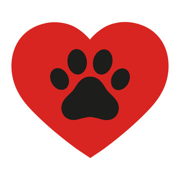 Pet paw love logo. Animal footprint with heart silhouette around.