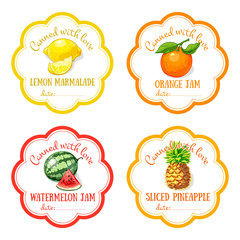 Labels with hand drawn fruits set of vector. Lemon, orange, watermelon, pineapple.