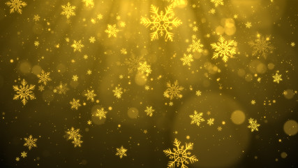 Christmas background (gold theme) with snowflakes, shiny lights and particles bokeh in stylish and elegant theme.