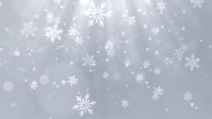 Fototapeta na wymiar Christmas background (white theme) with snowflakes, shiny lights and particles bokeh in stylish and elegant theme.
