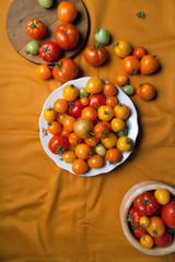 Fresh organic tomatoes of different colors on mustard yellow textile background. Harvest concept. Overhead view, natural lighting, copy space.