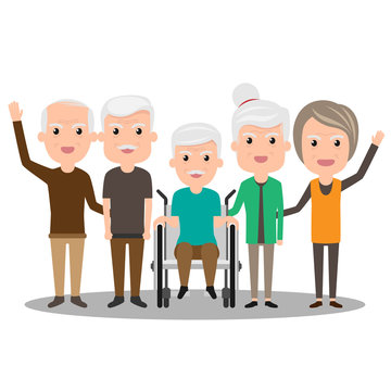 Group of elderly people stand together. Health Cartoon Vector illustration. Old Senior people concept. grandfather and grandmother.