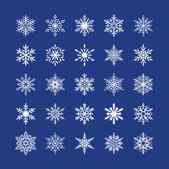 Naklejka na ściany i meble Cute snowflakes collection isolated on blue background. Flat snow icons, snow flakes silhouette. Nice element for christmas banner, cards. New year ornament. Organic and geometric snowflake set.