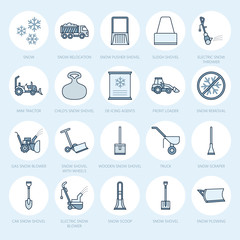 Snow removal flat line icons. Ice relocation service signs. Cold weather equipment - snow thrower, blower, truck, front loader, snow shovel. Vector illustration, industrial cleaning symbols.